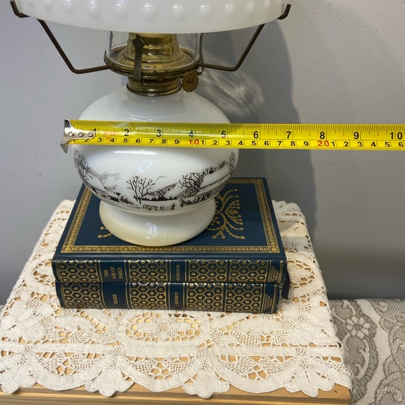 Currier And Ives Milk Glass Oil Lamp With Hobnail Shade Farm Scene Vintage - Picture 10 of 13